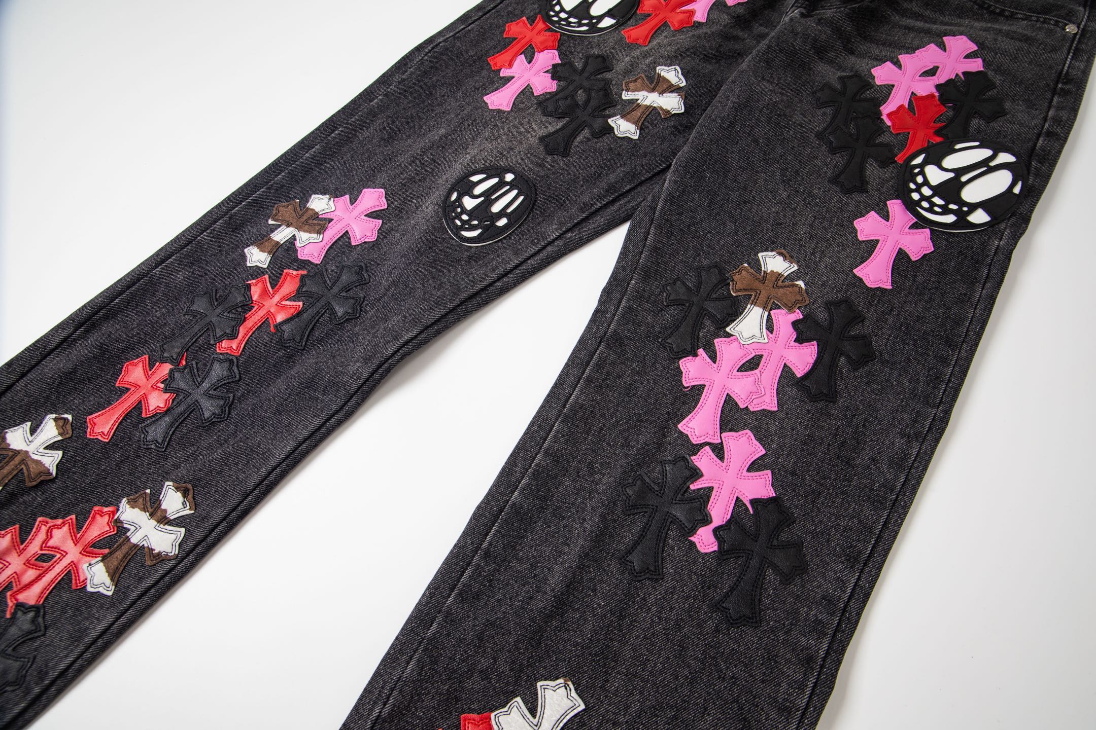 Chrome-Hearts Multi Cross Patch Denim Jeans - Grey Gothic Street Pants 1111