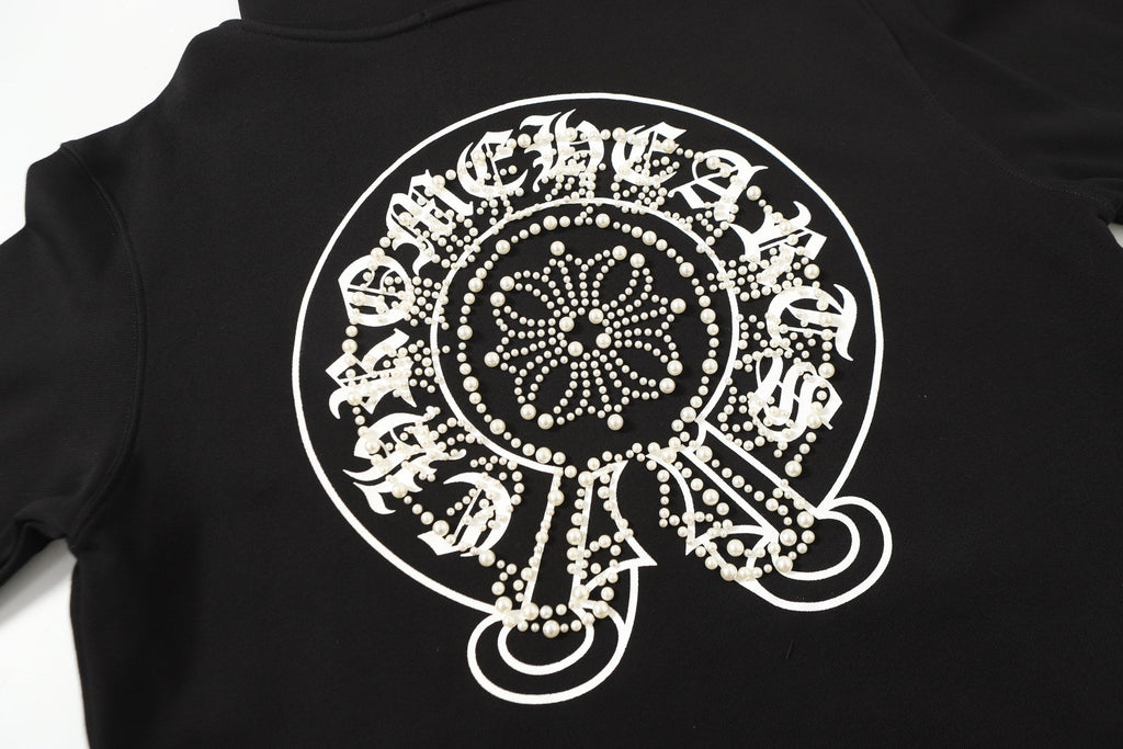 Chrome-Hearts Rhinestone Horseshoe Hoodie - Black Gothic Streetwear Sweatshirt 2601