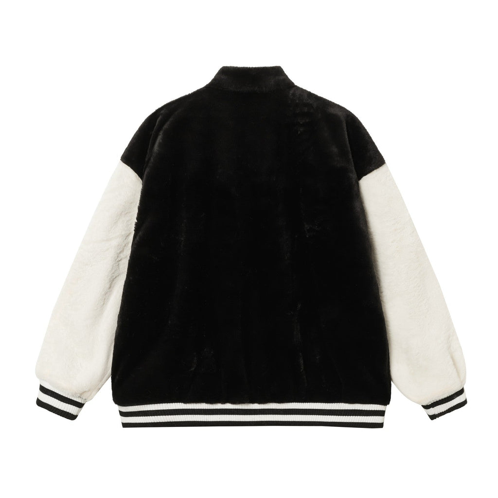 Chrome-Hearts Faux Fur Cross Varsity Jacket - Black White Gothic Streetwear 035