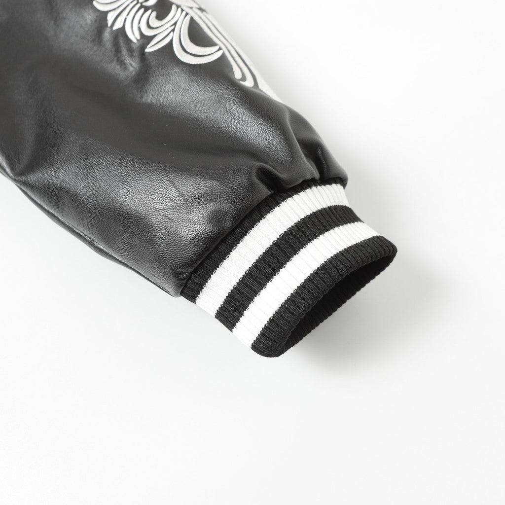 Chrome-Hearts Cross Embroidered Leather Sleeve Varsity Jacket - Black Street Style 116