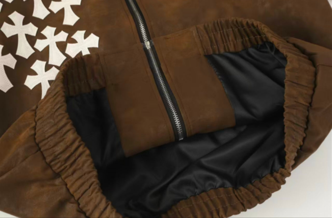 Chrome-Hearts Cross Patch Suede Jacket - Brown Gothic Streetwear Outerwear 8833